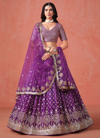 Purple Ombré Georgette Sequins Zari Embroidery Engagement Wear Lehenga Choli