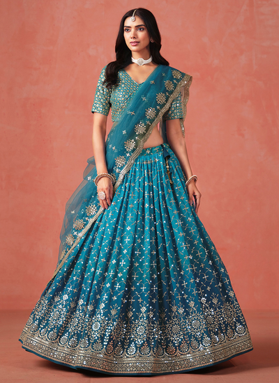 Georgette Sequins Zari Embroidery Turquoise Ombré Wedding Wear Lehenga Choli