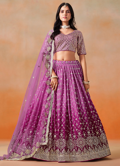 Rani Pink Ombré Georgette Sequins Zari Embroidery Wedding Wear Lehenga Choli