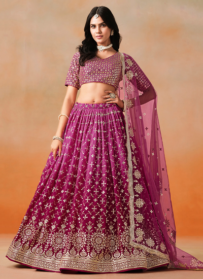 Red Pink Ombré Sequins Zari Embroidery Georgette Wedding Wear Lehenga Choli