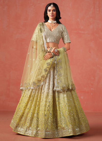 Georgette Yellow Ombré Sequins Zari Embroidery Engagement Wear Lehenga Choli
