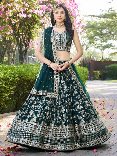 Dark Green Dola Silk Jacquard Zari Sequins Embroidery Mehendi Wear Lehenga Choli