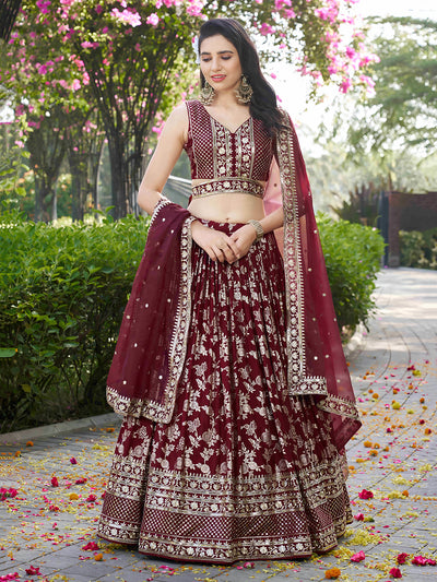 Maroon Dola Silk Jacquard Zari Sequins Embroidery Wedding Wear Lehenga Choli