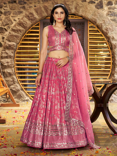 Peach Zari Sequins Embroidery Dola Silk Jacquard Engagement Wear Lehenga Choli