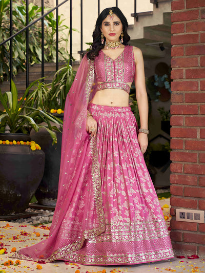 Zari Sequins Embroidery Pink Dola Silk Jacquard Festive Wear Lehenga Choli