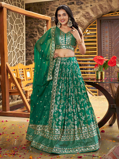 Green Zari Sequins Embroidery Dola Silk Jacquard Mehendi Wear Lehenga Choli