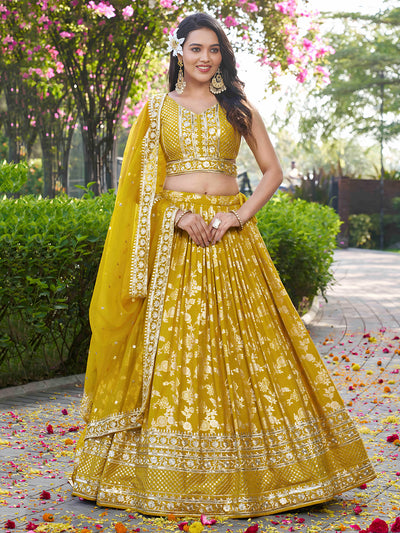 Dola Silk Jacquard Yellow Zari Sequins Embroidery Haldi Wear Lehenga Choli