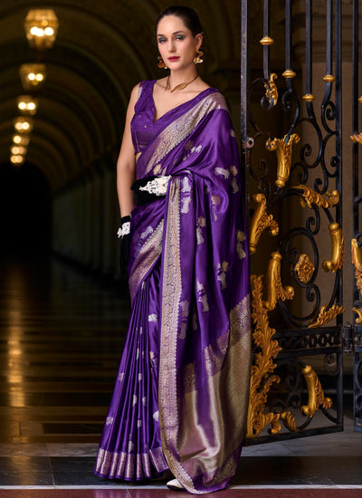 Violet Satin Crepe Wedding Wear Zari Weaving Bollywood Saree