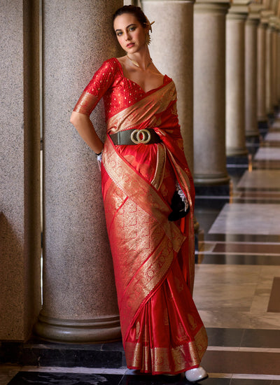 Red Zari Weaving Satin Crepe Wedding Wear Bollywood Saree