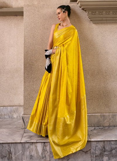 Zari Weaving Yellow Haldi Wear Satin Crepe Bollywood Saree