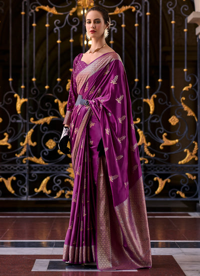 Purple Wedding Wear Satin Crepe Zari Weaving Bollywood Saree