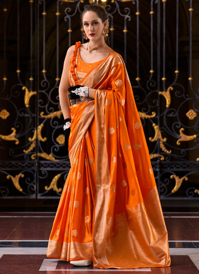 Wedding Wear Orange Zari Weaving Satin Crepe Bollywood Saree