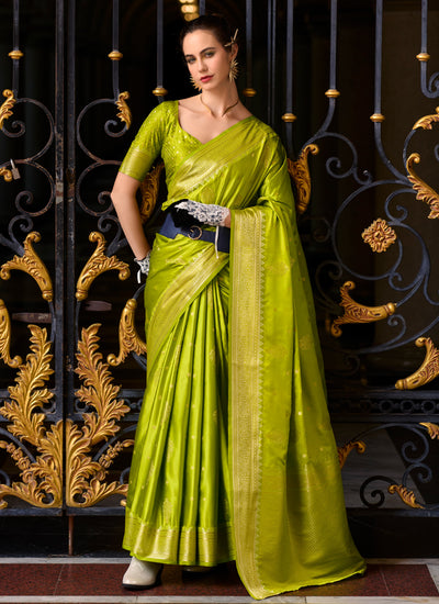 Pear Green Satin Crepe Wedding Wear Zari Weaving Bollywood Saree