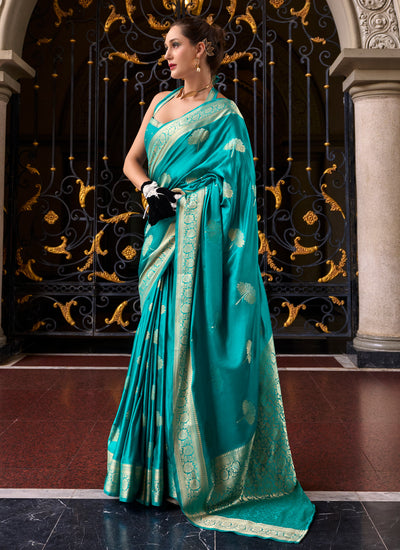 Bollywood Satin Crepe Turquoise Blue Wedding Wear Zari Weaving Saree