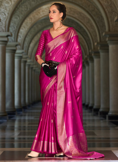 Magenta Satin Crepe Bollywood Wedding Wear Zari Weaving Saree