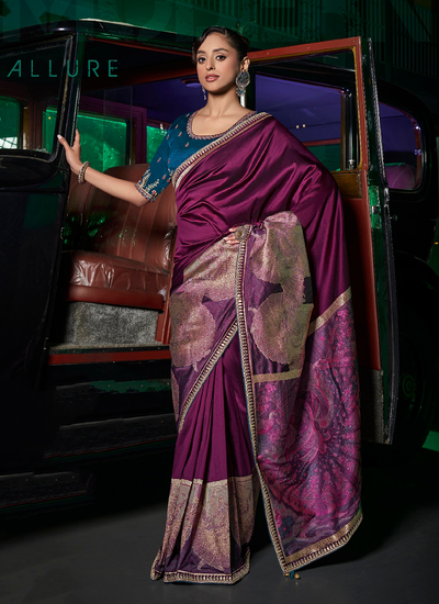 Purple Dola Silk Zari Woven Wedding Wear Saree With Contrast Embroidered Blouse