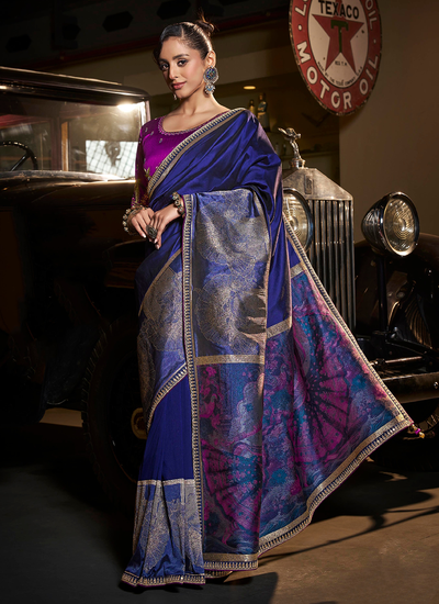 Blue Reception Wear Dola Silk Zari Woven Saree With Contrast Embroidered Blouse