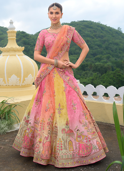 Bridal Sequins Stone Work Embroidered Silk Multicolor Lehenga With Pink Sequins Embroidered Choli