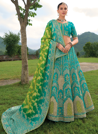 Turquoise Blue Stone Work Bridal Silk Sequins Embroidered Lehenga Choli