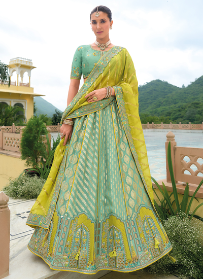 Sequins Embroidered Stone Work Sea Green Bridal Silk Lehenga Choli