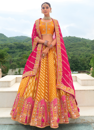 Orange Bridal Sequins Embroidered Stone Work Silk Lehenga Choli