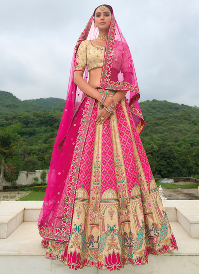 Hot Pink And Cream Silk Bridal Sequins Embroidered Stone Work Lehenga Choli