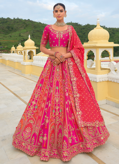 Bridal Sequins Embroidered Silk Hot Pink And Multicolor Stone Work Lehenga Choli