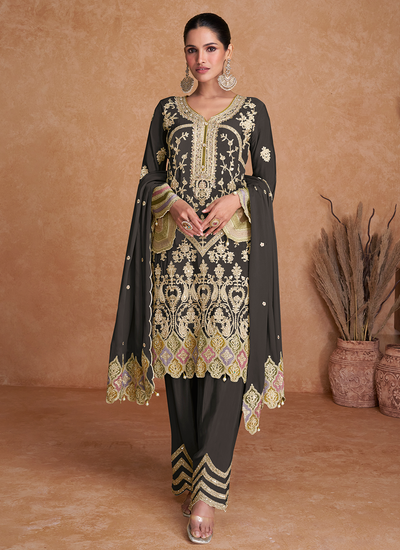 Dark Grey Chinon Multi Embroidered Pakistani Festive Pant Suit