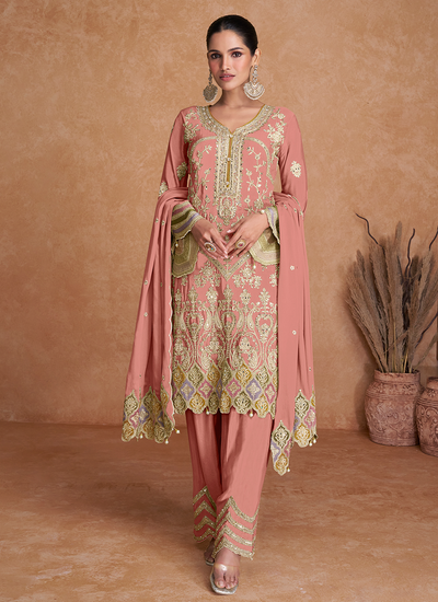 Chinon Multi Embroidered Peach Pakistani Festive Pant Suit