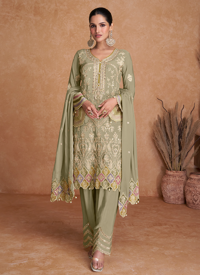 Multi Embroidered Chinon Sage Green Pakistani Festive Pant Suit