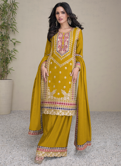 Real Chinon Mustard Sequins Multi Embroidered Pakistani Palazzo Salwar Suit