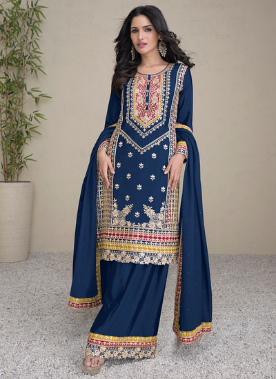 Real Chinon Sequins Multi Embroidered Blue Pakistani Palazzo Salwar Suit