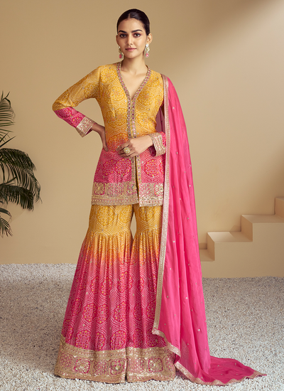 Festive Wear Readymade Pink Yellow Ombre Chinon Sequins Embroidered Sharara Suit