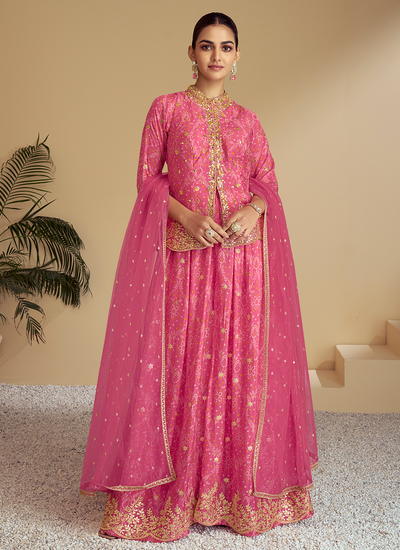 Pink Festive Wear Readymade Chinon Mirror Work And Embroidered Palazzo Suit