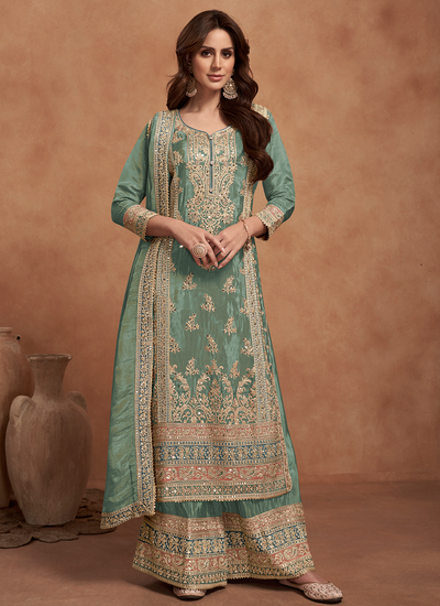 Wedding Shimmer Silk Sequins Multi Embroidered Sea Green Readymade Palazzo Suit