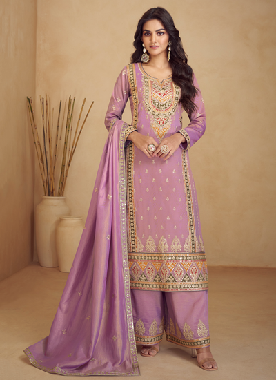 Shimmer Silk Sequins Multi Embroidered Lavender Wedding Readymade Palazzo Suit