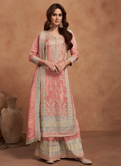 Peach Shimmer Silk Sequins Multi Embroidered Wedding Readymade Palazzo Suit