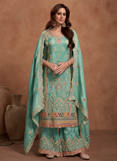 Sequins Multi Embroidered Sea Green Shimmer Silk Wedding Readymade Palazzo Suit