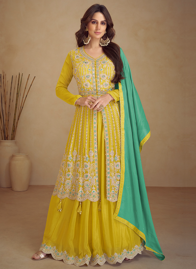 Real Chinon Cording Embroidered Yellow Readymade Festive Suit