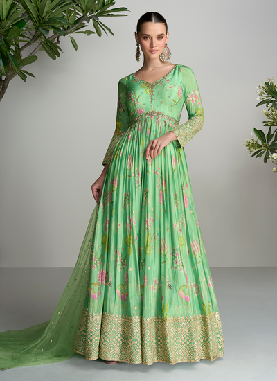 Pista Green Digital Printed Embroidered Hand Work Real Chinon Gown With Dupatta