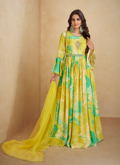 Digital Printed Embroidered Hand Work Yellow Real Chinon Gown With Dupatta