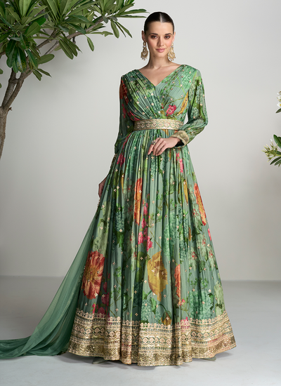 Real Chinon Basil Green Digital Printed Embroidered Gown With Dupatta