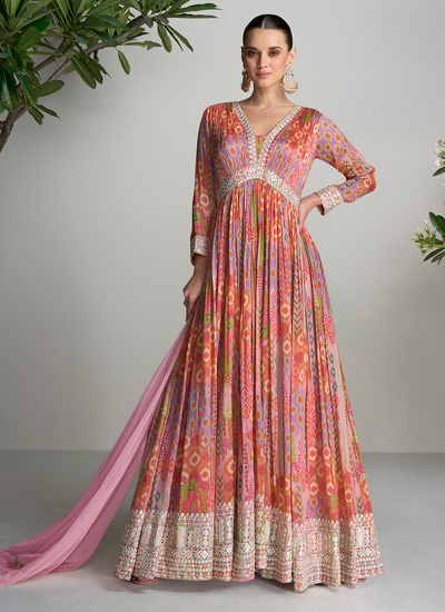 Digital Printed Embroidered Real Chinon Pink And Multicolor Gown With Dupatta