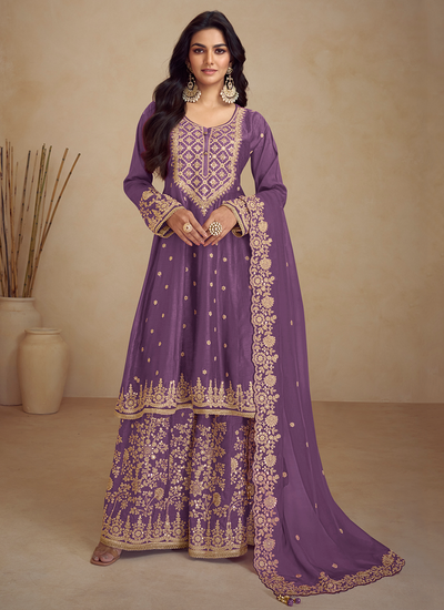 Purple Chinon Sequins Embroidered Readymade Wedding Sharara Suit