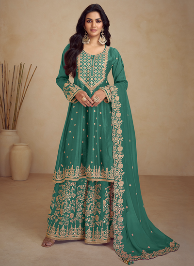 Chinon Sequins Embroidered Green Readymade Wedding Sharara Suit