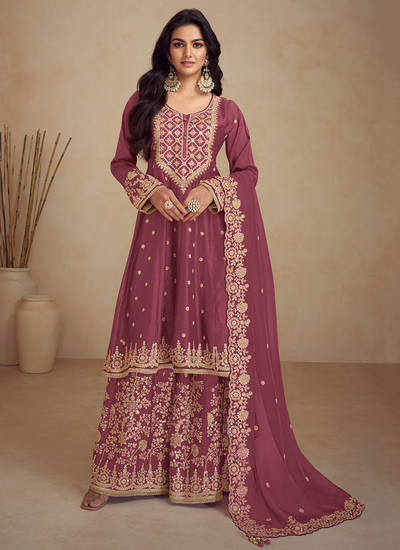 Dark Mauve Sequins Embroidered Chinon Readymade Wedding Sharara Suit