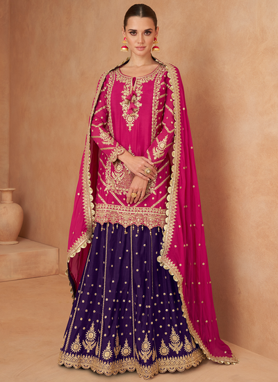 Readymade Magenta And Purple Chinon Embroidered Wedding Lehenga Kurti