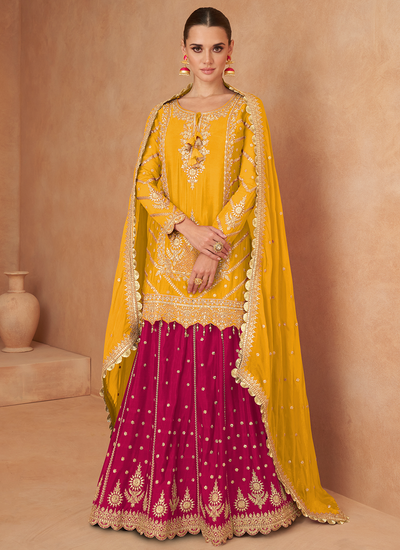 Yellow And Magenta Chinon Embroidered Readymade Wedding Lehenga Kurti