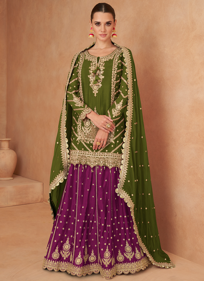 Wedding Embroidered Olive And Purple Chinon Readymade Lehenga Kurti