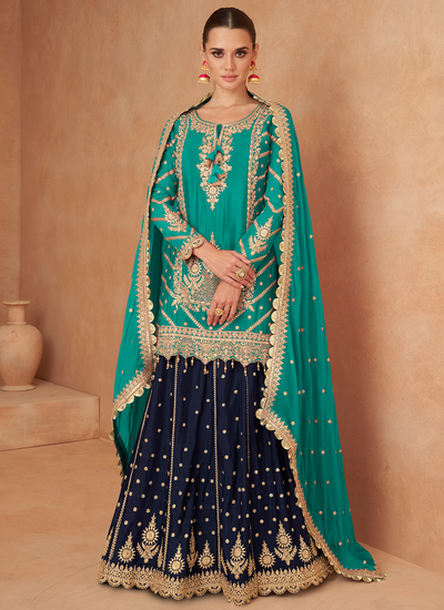 Readymade Wedding Embroidered Turquoise And Navy Blue Chinon Lehenga Kurti